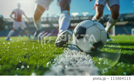 close up of soccer ball on soccer field. 113864113