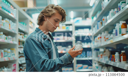 Caucasian male customer picks up pill bottle in pharmacy. 113864500