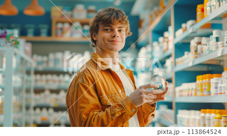 Caucasian male customer picks up pill bottle in pharmacy. 113864524