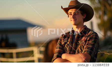 Caucasian man with confident arms crossed on outdoor horse farm 113864559