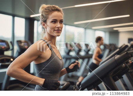 A fitness trainer smiles confidently in the gym, her presence exuding motivation and a commitment to health and wellness. 113864983