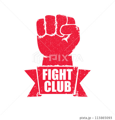 fight club vector red logo or label with grunge red man fist isolated on transparent white background. MMA Mixed martial arts concept design template. Fighting club label for print on tee 113865093
