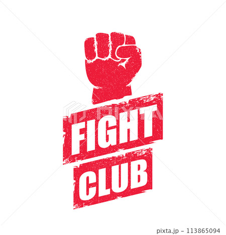fight club vector red logo or label with grunge red man fist isolated on transparent white background. MMA Mixed martial arts concept design template. Fighting club label for print on tee 113865094