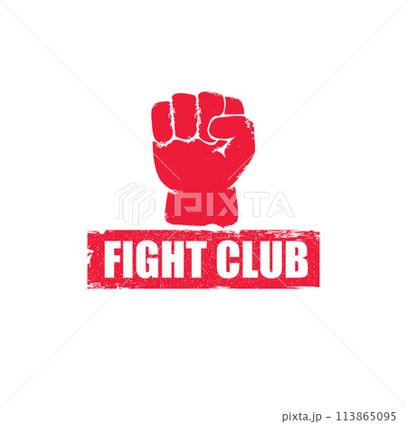 fight club vector red logo or label with grunge red man fist isolated on transparent white background. MMA Mixed martial arts concept design template. Fighting club label for print on tee 113865095