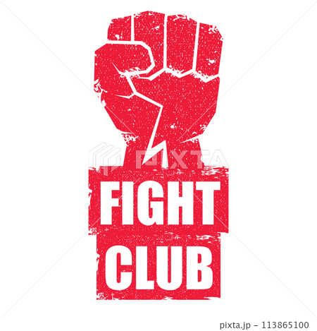 fight club vector red logo or label with grunge red man fist isolated on transparent white background. MMA Mixed martial arts concept design template. Fighting club label for print on tee 113865100