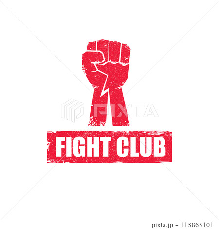 fight club vector red logo or label with grunge red man fist isolated on transparent white background. MMA Mixed martial arts concept design template. Fighting club label for print on tee 113865101