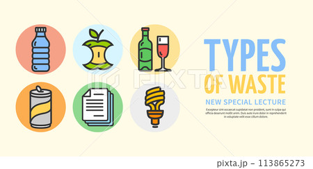 Types of Waste Special Lecture Recycle Concept Horizontal Placard Poster Banner Card. Vector Types of Waste Special Lecture Recycle Concept Horizontal Placard Poster Banner Card. Vector 113865273