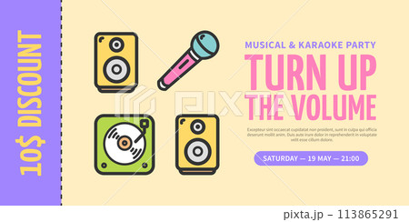Musical and Karaoke Party Concept Horizontal Placard Poster Banner Card Coupon. Vector 113865291