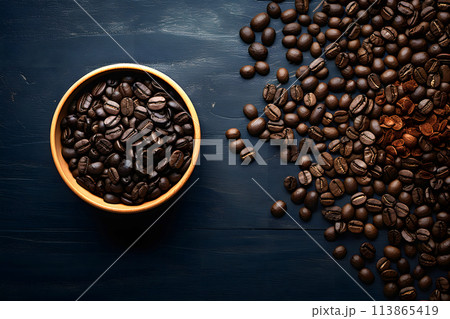 Different types of coffee beans for comparison. top view 113865419