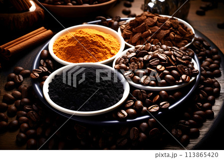 Different types of coffee beans for comparison. top view 113865420