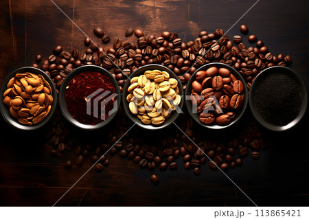 Different types of coffee beans for comparison. top view 113865421