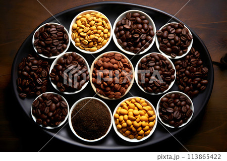 comparative set of types of coffee beans of different varieties. view from above 113865422