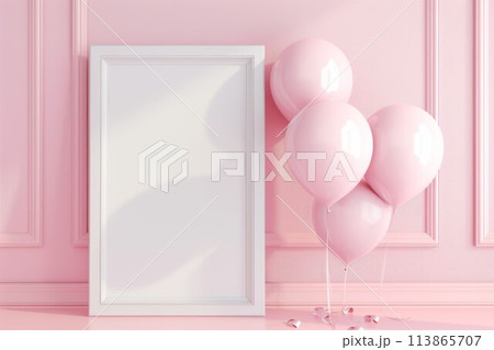 Pink scene with balloons and blank frame Pink scene with balloons and blank frame 113865707