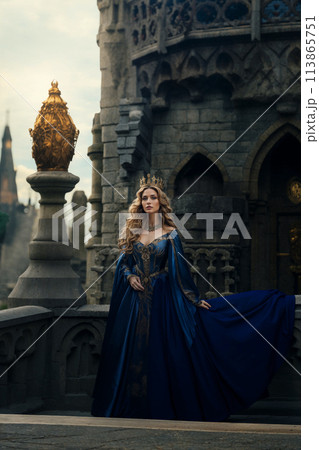Queen in blue medieval dress by castle 113865751