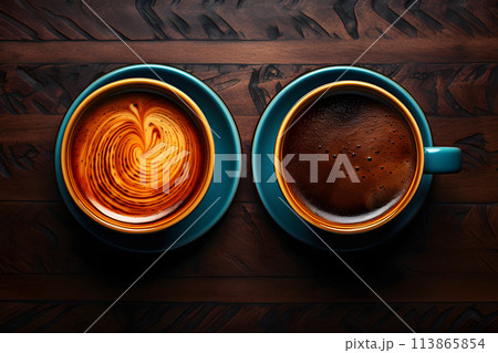 cups with aromatic coffee from beans of different varieties and manufacturers. top view. 113865854