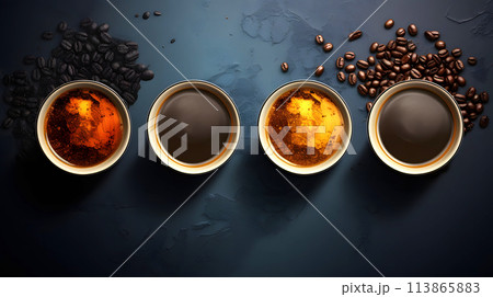cups with aromatic coffee from beans of different varieties and manufacturers. top view. cups with aromatic coffee from beans of different varieties and manufacturers. top view. 113865883