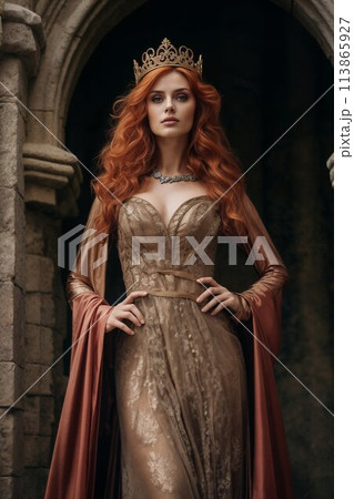 Majestic queen with crown in castle corridor 113865927