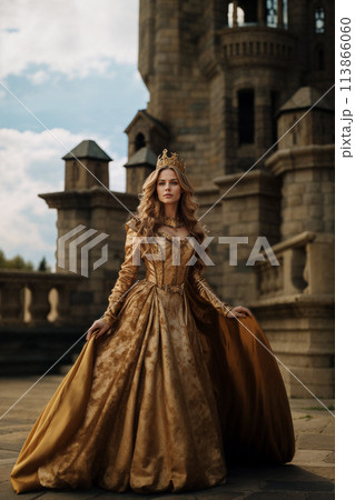 Regal queen in luxurious golden gown 113866060