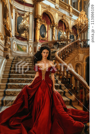 Woman in red royal gown on staircase 113866109
