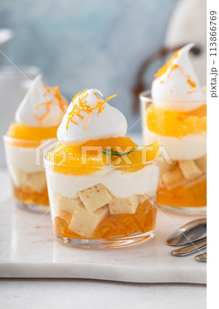 Orange and pound cake layered dessert in glasses, dessert in a cup idea 113866769
