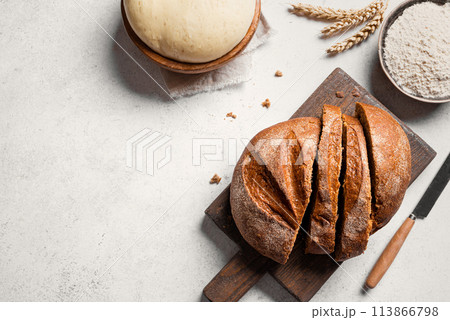 Fresh Sliced Bread and ingredients. Bread making. 113866798