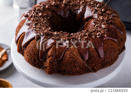 Chocolate bundt cake with chocolate ganache icing 113866920