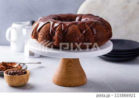 Chocolate bundt cake with chocolate ganache icing 113866921