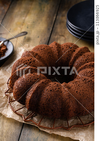 Chocolate bundt cake dusted with cocoa powder 113866925