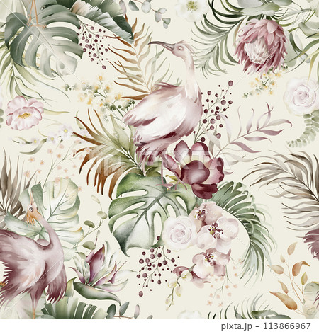 Floral tropical watercolor pattern. Seamless exotic print of Australian flower. Orchid, eucalyptus, protea and rose. Pink flowers and green leaf. Hawaiian design and jungle texture. 113866967
