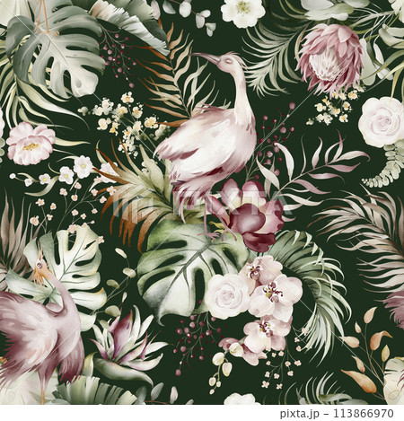 Floral tropical watercolor pattern. Seamless exotic print of Australian flower. Orchid, eucalyptus, protea and rose. Pink flowers and green leaf. Hawaiian design and jungle texture. 113866970