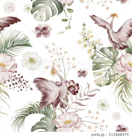 Floral tropical watercolor pattern. Seamless exotic print of Australian flower. Orchid, eucalyptus, protea and rose. Pink flowers and green leaf. Hawaiian design and jungle texture. Floral tropical watercolor pattern. Seamless exotic print of Australian flower. Orchid, eucalyptus, protea and rose. Pink flowers and green leaf. Hawaiian design and jungle texture. 113866974