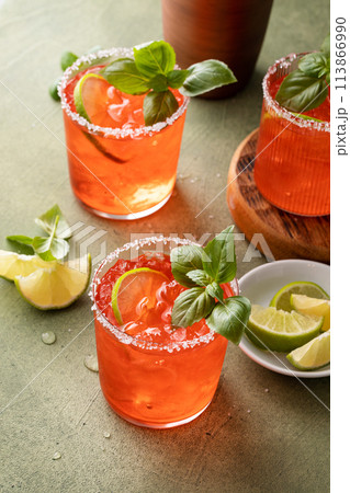 Strawberry basil margarita with lime and salted rim, spring or summer cocktail or mocktail Strawberry basil margarita with lime and salted rim, spring or summer cocktail or mocktail 113866990