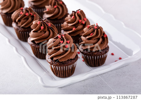Dark chocolate cupcakes with chocolate ganache frosting Dark chocolate cupcakes with chocolate ganache frosting 113867287