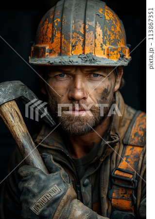 Solemn miner with helmet holding a hammer Solemn miner with helmet holding a hammer 113867351