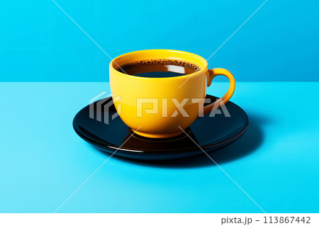 yellow ceramic cup with black coffee on a blue background yellow ceramic cup with black coffee on a blue background 113867442