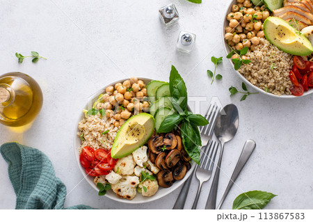 Healthy high protein lunch bowls, vegan and chicken options 113867583