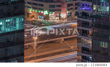 Rooftop view on amazing Dubai marina and JLT skyscrapers aerial timelapse, Dubai, United Arab Emirates 113868064