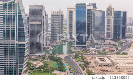 Jumeirah Lake Towers residential district aerial timelapse near Dubai Marina 113868092