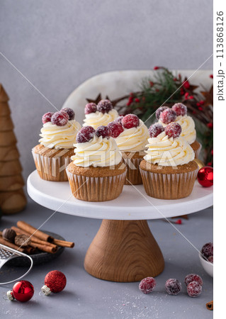 Spiced cinnamon and cranberry cupcakes topped with sugared cranberries for Christmas or Thanksgiving Spiced cinnamon and cranberry cupcakes topped with sugared cranberries for Christmas or Thanksgiving 113868126