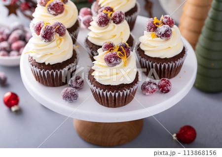 Festive chocolate and orange cupcakes with white chocolate frosting garnished with sugared cranberry 113868156
