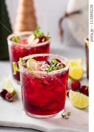 Cranberry lime margarita, festive winter cocktail idea 113868226