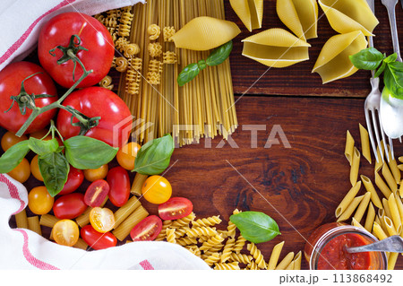 Pasta different types with tomatoes and basil Pasta different types with tomatoes and basil 113868492