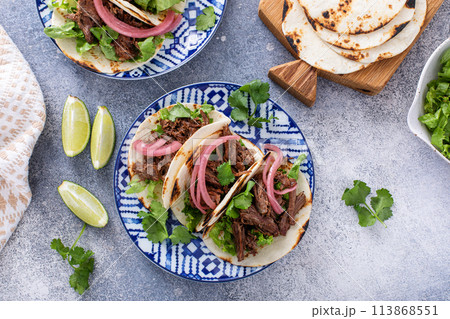 Beef tacos with marinated red onion and cilantro 113868551