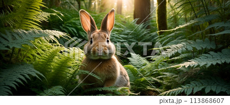 A wild hare or rabbit sits among the ferns in the forest at sunset in the rays of the sun 113868607