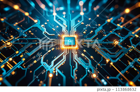 A micro circuit with a processor in the center in yellow gold and blue colors that glow. Close up, copy space 113868632