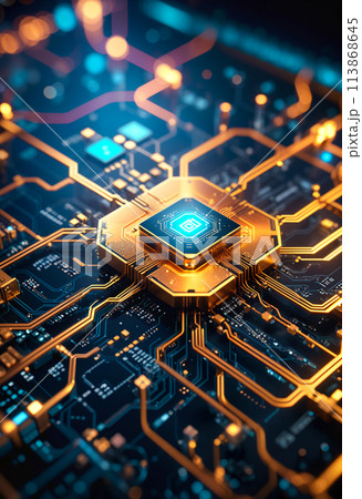 A micro circuit with a processor in the center in yellow gold and blue colors that glow. Close up, copy space 113868645
