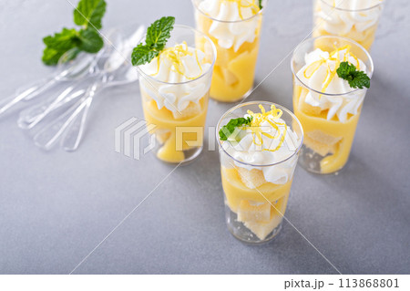 Lemon curd layered dessert shots for a party 113868801