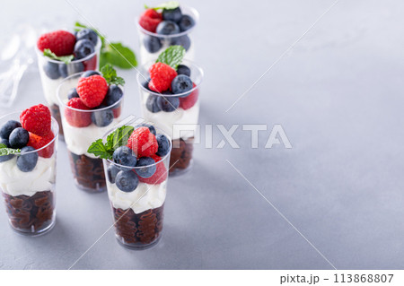 Chocolate mousse dessert shots for a party Chocolate mousse dessert shots for a party 113868807
