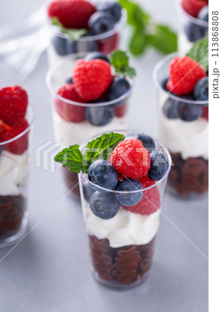 Chocolate mousse dessert shots for a party Chocolate mousse dessert shots for a party 113868808