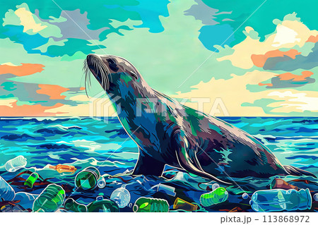 Seal art in polluted water, reflecting on marine biology and natural landscape,illustration in comic style 113868972